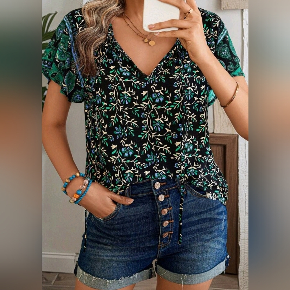 New Boho Vintage Floral Print Tie Top Blouse Black Green Blue